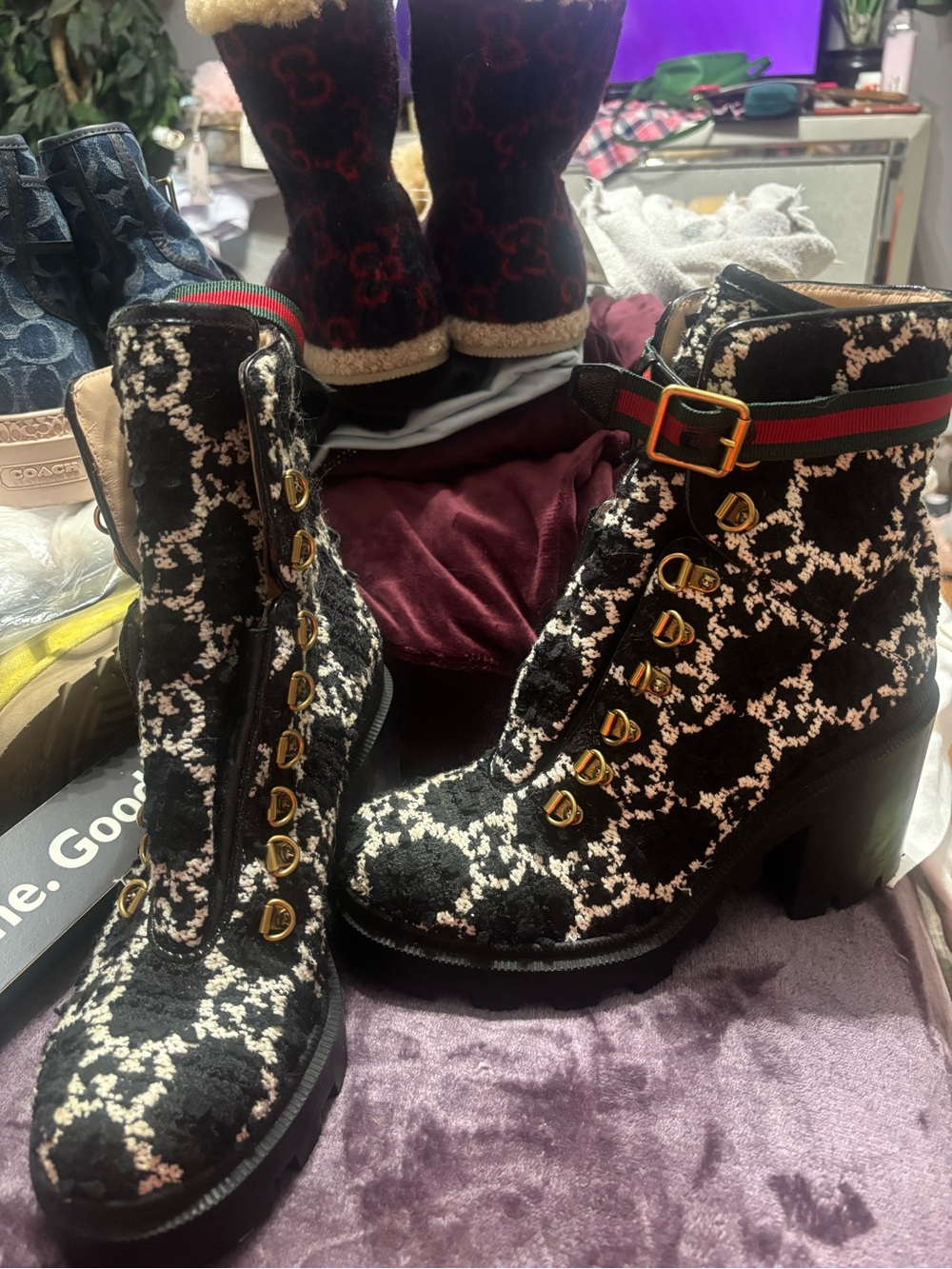 Gucci Black and Cream Patterned Heeled Lace-Up Boots with Signature Strap